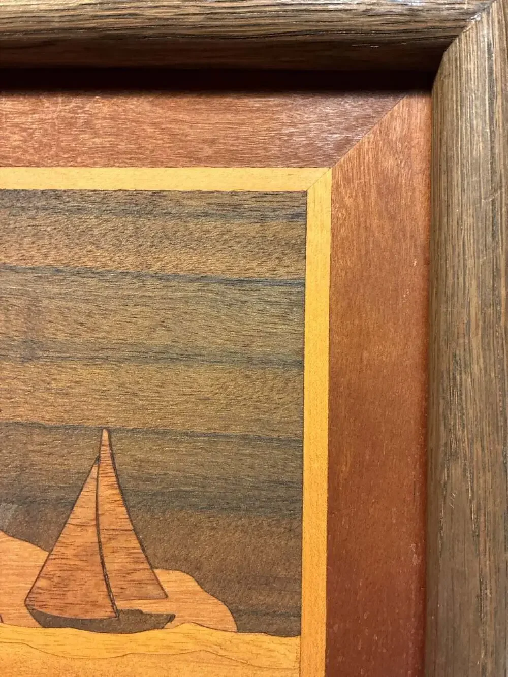 Robert A. Kitchens Vintage Marquetry Wood Inlay Sailboat Framed Art